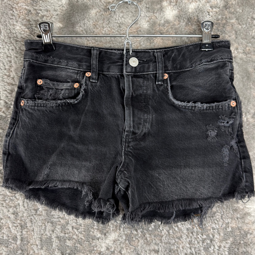 Free People Size 25 Distressed Button Fly Raw Hem Denim Shorts Black Womens